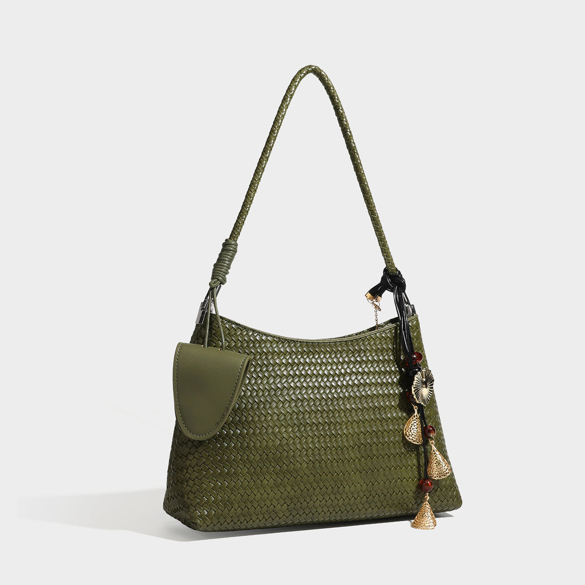 Woven-texture hobo shoulder bag in brown with braided top handle, adjustable crossbody strap, front flap pocket, and, detail