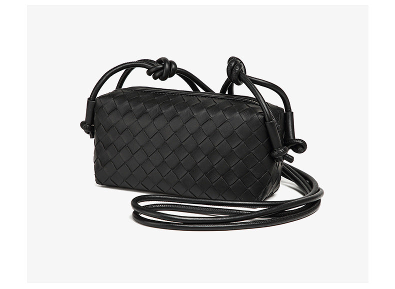 Small rectangular woven-texture mini crossbody bag with knotted rope strap and gold-tone zip closure, detail view 12
