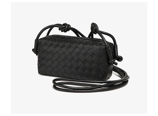 Small rectangular woven-texture mini crossbody bag with knotted rope strap and gold-tone zip closure, detail view 12