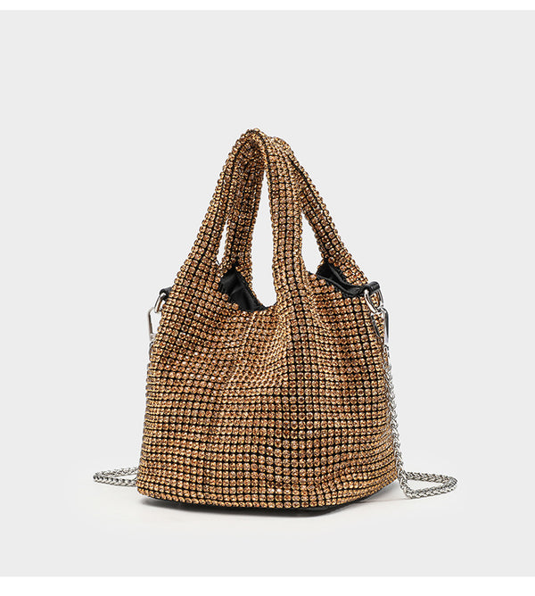 Small all-over rhinestone crystal bucket bag with twin handles and detachable chain shoulder strap, detail view 22