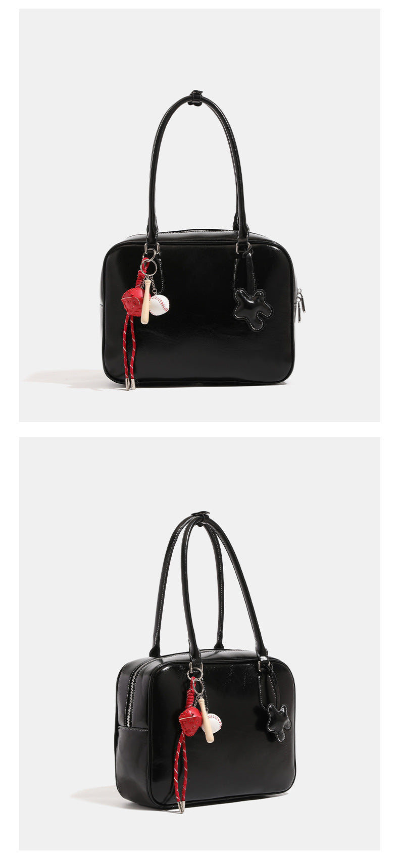 Strukturierte Satchel-Tasche mit abgerundeter rechteckiger Form und Tragegriff, glänzender Lederimitat-Oberfläche, silberfarbenen Beschlägen und, Detailansicht