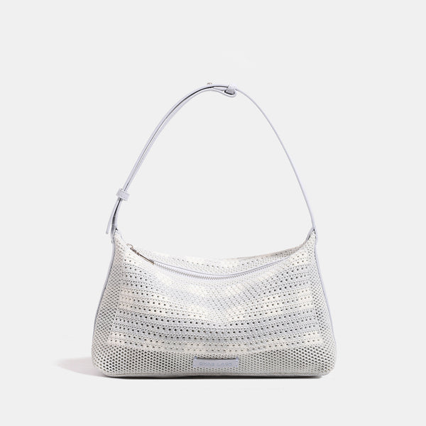 Compact open-weave hobo shoulder bag with zip top, leather-look trim, and adjustable strap, detail view 7