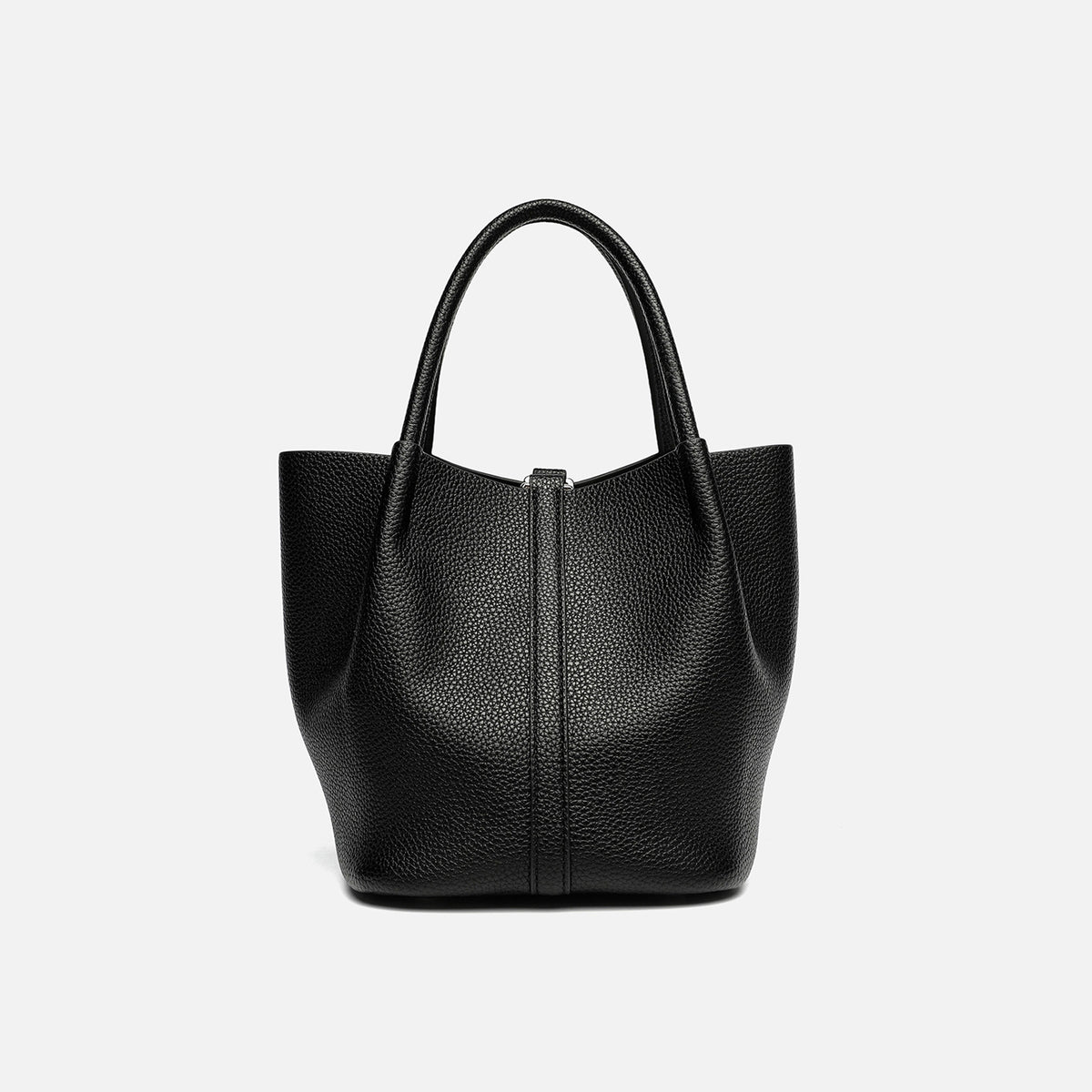 Pebbled leather-look bucket tote bag with rounded top handles and detachable shoulder strap, detail view 8