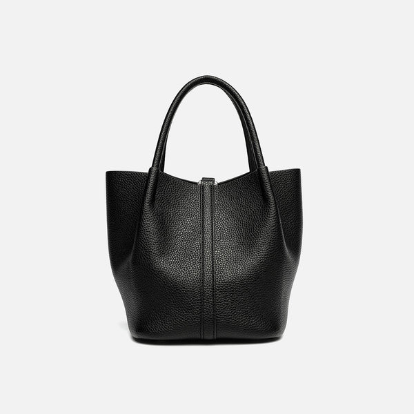 Pebbled leather-look bucket tote bag with rounded top handles and detachable shoulder strap, detail view 8