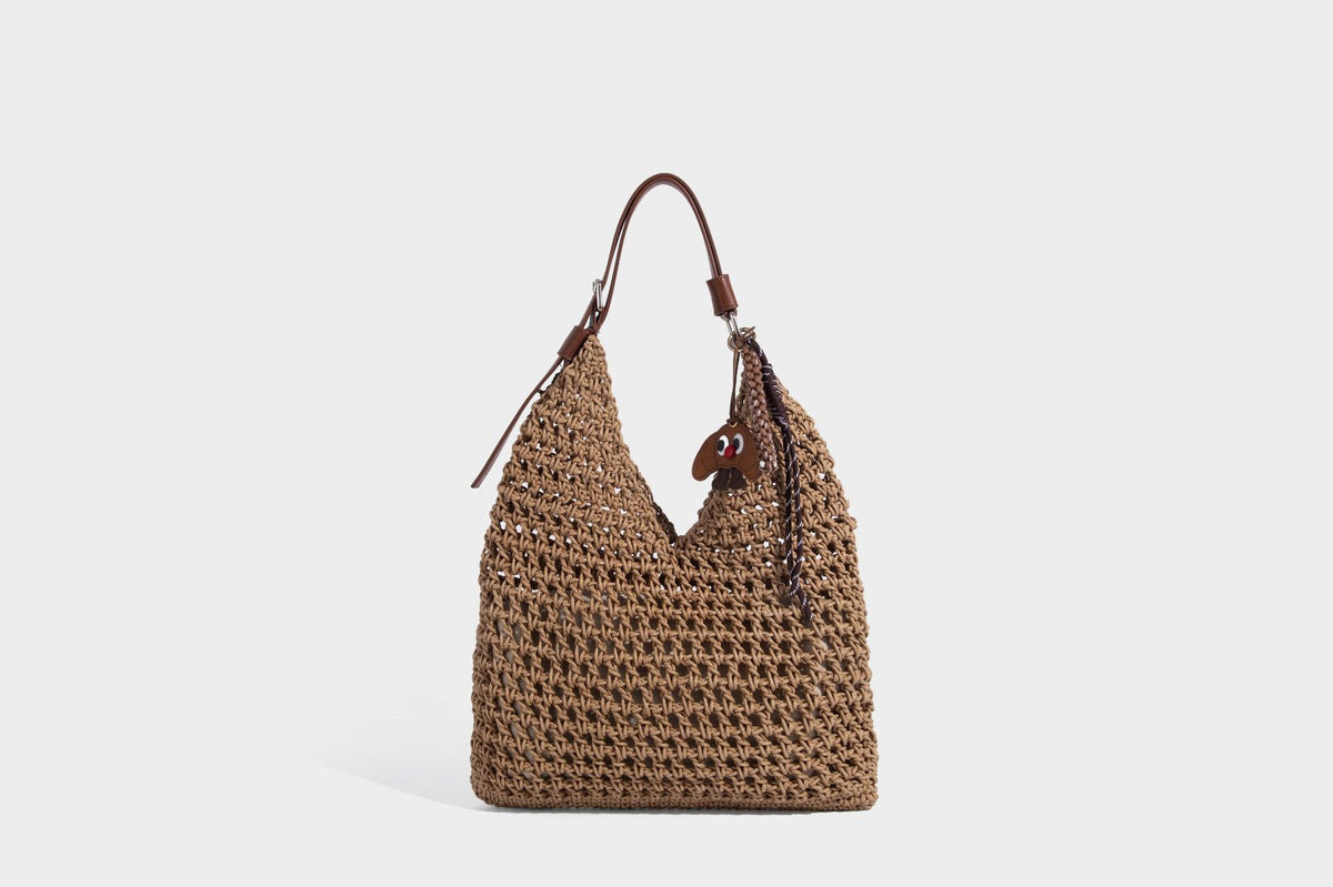 Slouchy open-knit crochet hobo tote bag with leather-look top handle and metal buckle hardware, detail view 25