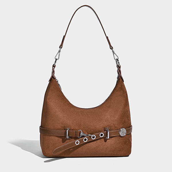 Hobo-Schultertasche in Dunkelbraun mit Veloursleder-Finish, silberner Gürtelschnalle und Ösenbeschlägen, verstellbarem Riemen, Detailansicht 3
