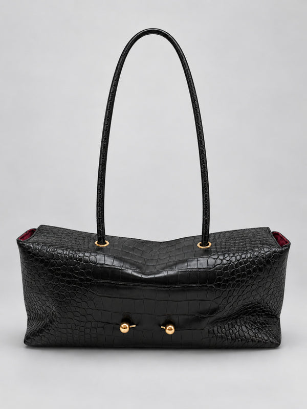 Wide embossed-texture shoulder tote bag with single loop handle and gold-tone toggle hardware, detail view 36