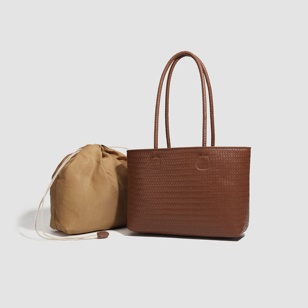 Structured cognac brown woven-texture tote bag with double top handles and open top, detail view 2