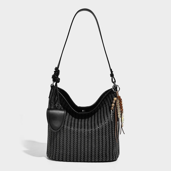 Slouchy open-weave hobo shoulder bag with leather-look trim, beaded tassel charm, and adjustable strap, detail view 6