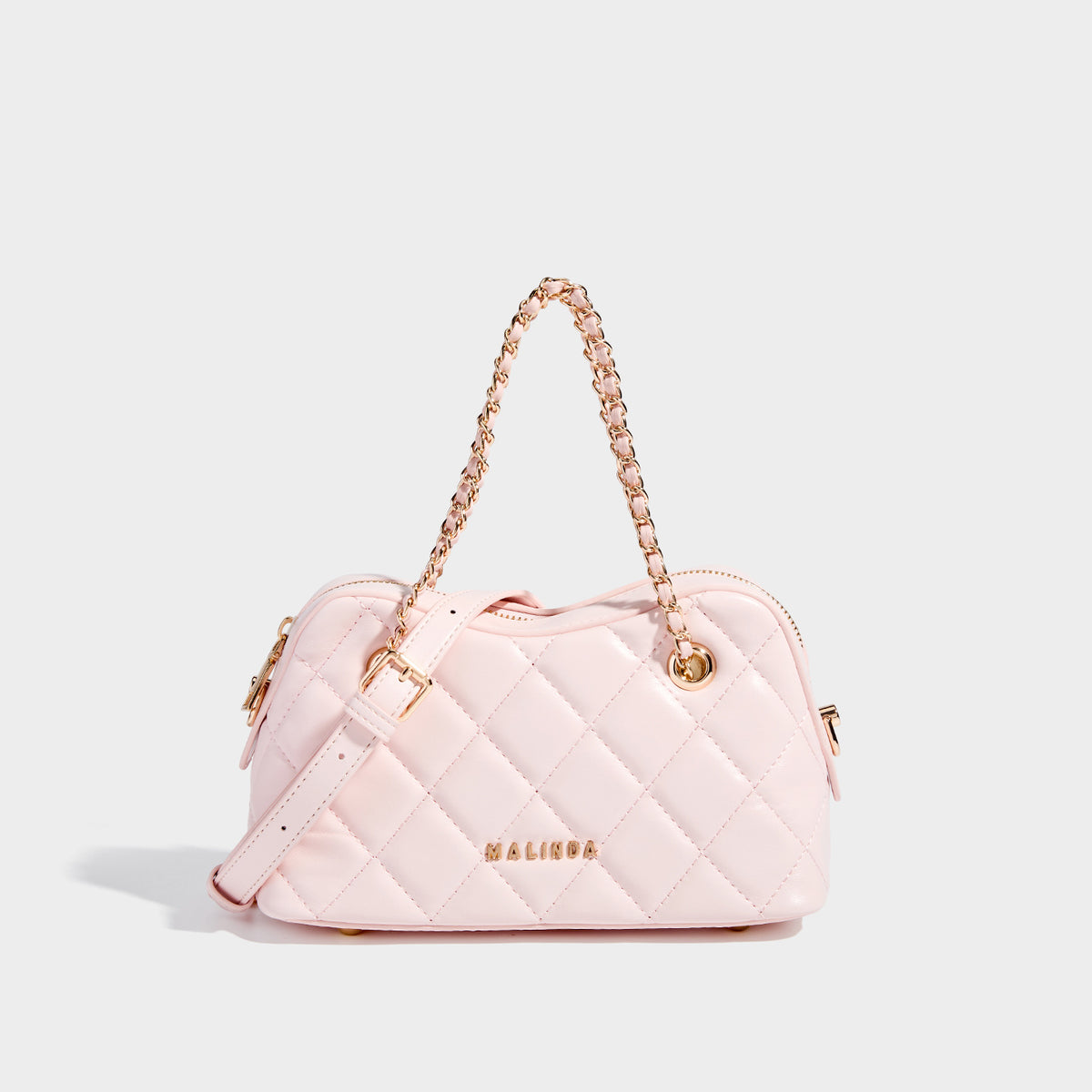 Diamond-quilted mini shoulder bag with gold-tone chain strap and top zip closure, front view