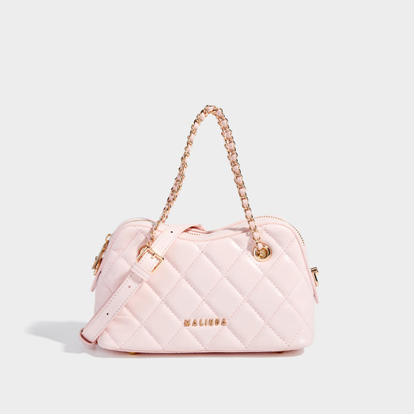 Diamond-quilted mini shoulder bag with gold-tone chain strap and top zip closure, front view