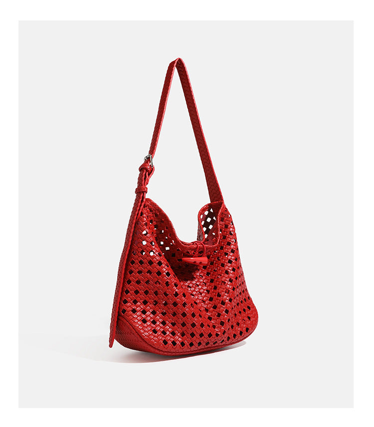 Brown open-lattice woven leather-look hobo shoulder bag with braided strap and matching zip pouch, detail view 25
