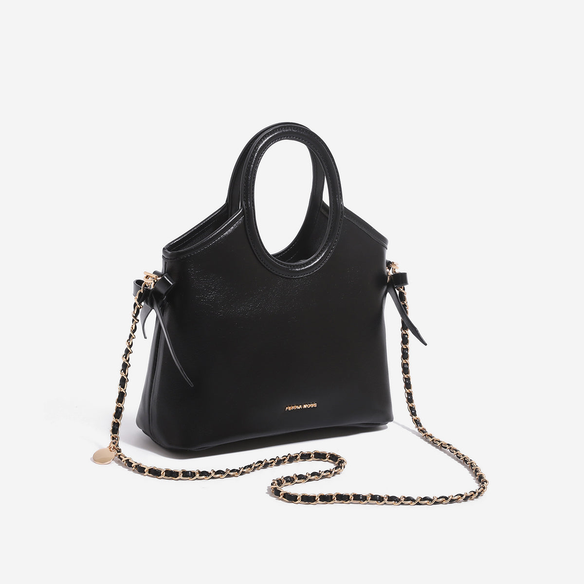 Structured trapezoid tote bag with oval top handle, glossy leather-look finish, side tie details, and gold-tone hardware