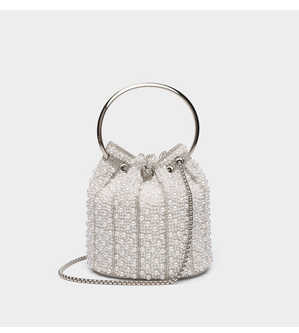 Small pearl-beaded drawstring bucket bag with silver-tone ring top handle and chain shoulder strap, detail view 13