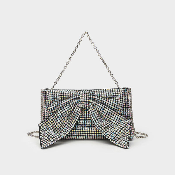 Kleine rechteckige Clutch zum Umhängen mit Schleife, vollständig mit Strasssteinen besetzt, silberfarbenem Kettenriemen, Detailansicht 4