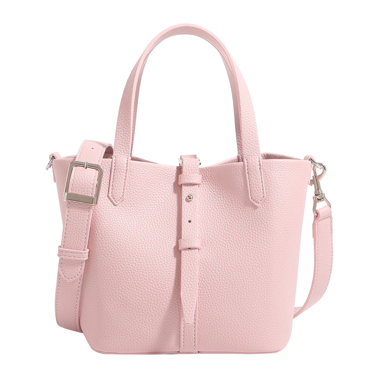 Small structured pebbled leather-look bucket tote bag with dual top handles and silver-tone hardware, detail view 5