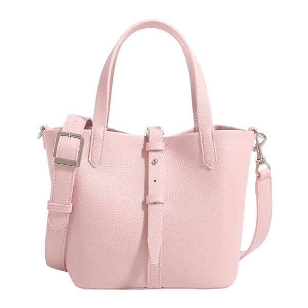 Small structured pebbled leather-look bucket tote bag with dual top handles and silver-tone hardware, detail view 5