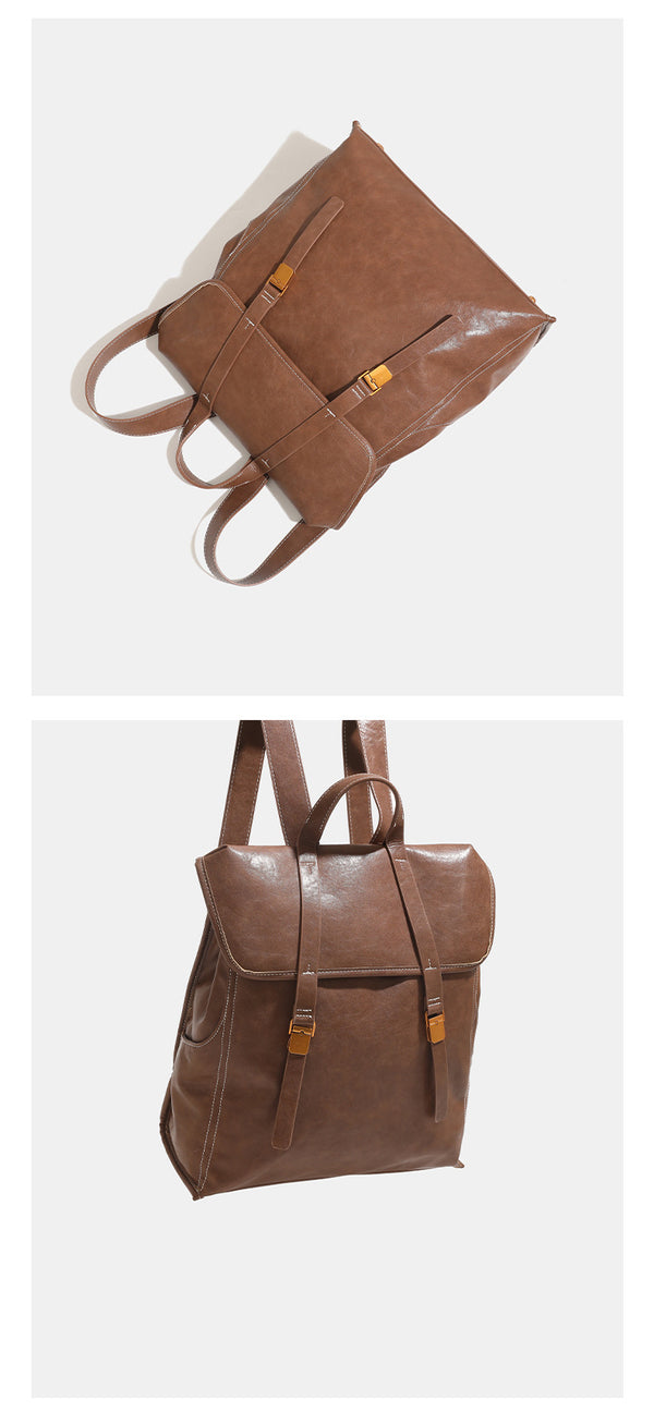 Structured leather-look flap backpack handbag with top handle, buckle front straps, white contrast stitching, and gold-tone