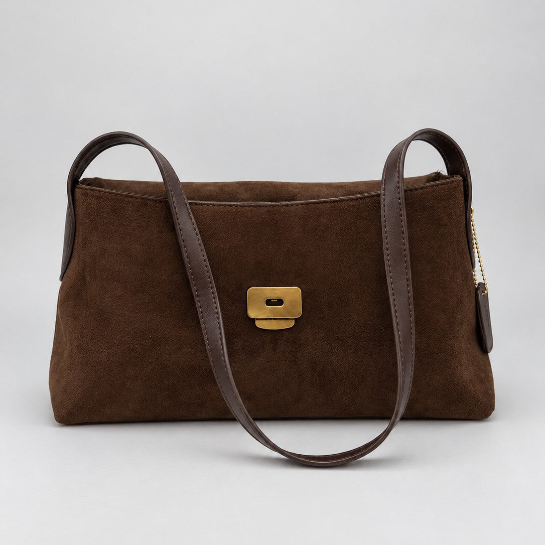 Rectangular matte suede-finish flap shoulder bag with slim dark strap and gold-tone turn-lock hardware, detail view 4