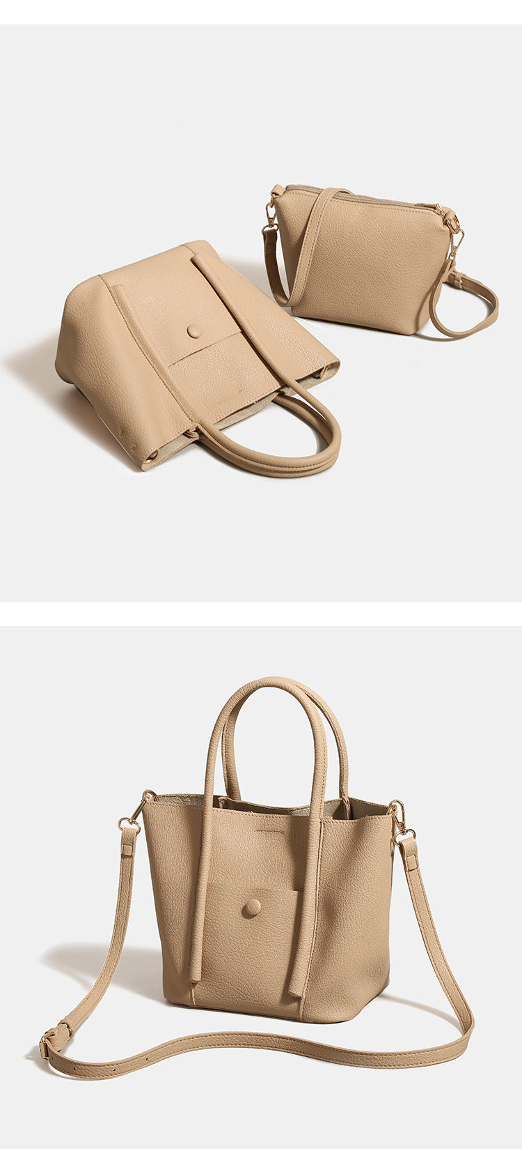 Structured pebbled matte tote bag with front snap pocket, dual top handles, and detachable zip pouch in almond beige, detail