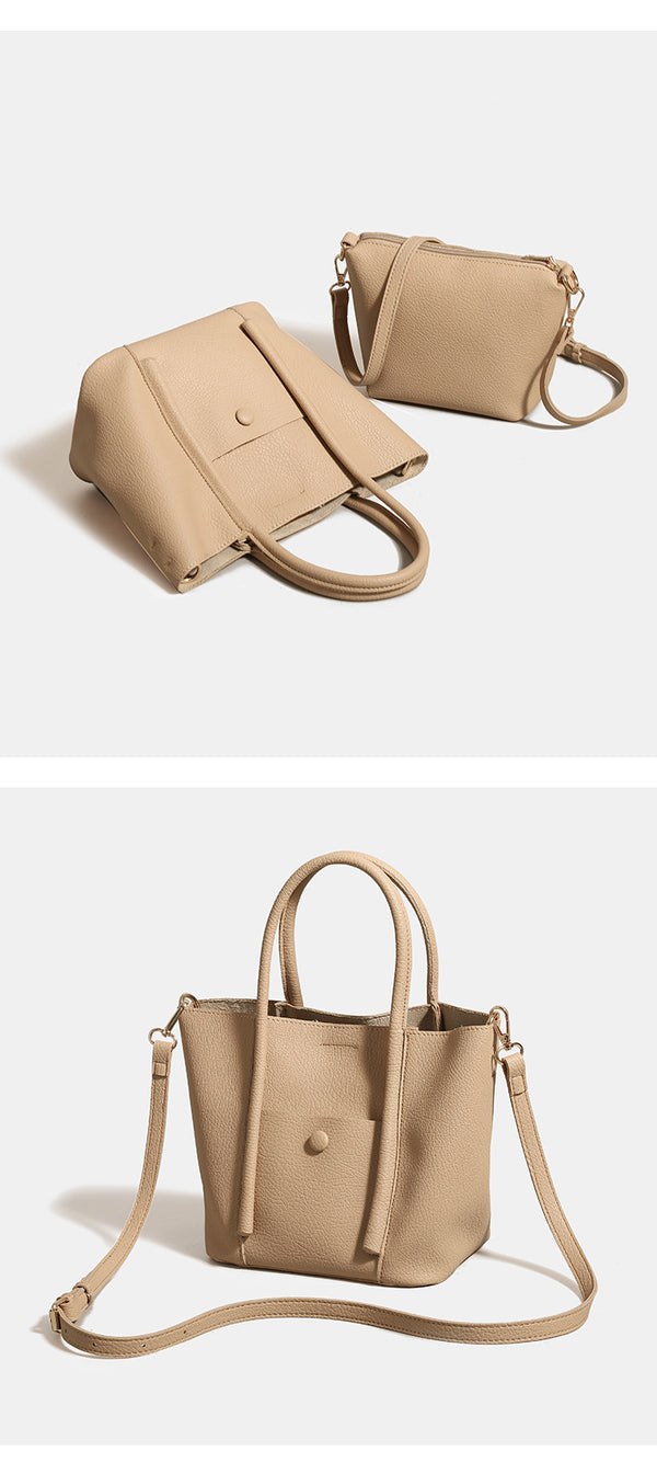 Structured pebbled matte tote bag with front snap pocket, dual top handles, and detachable zip pouch in almond beige, detail