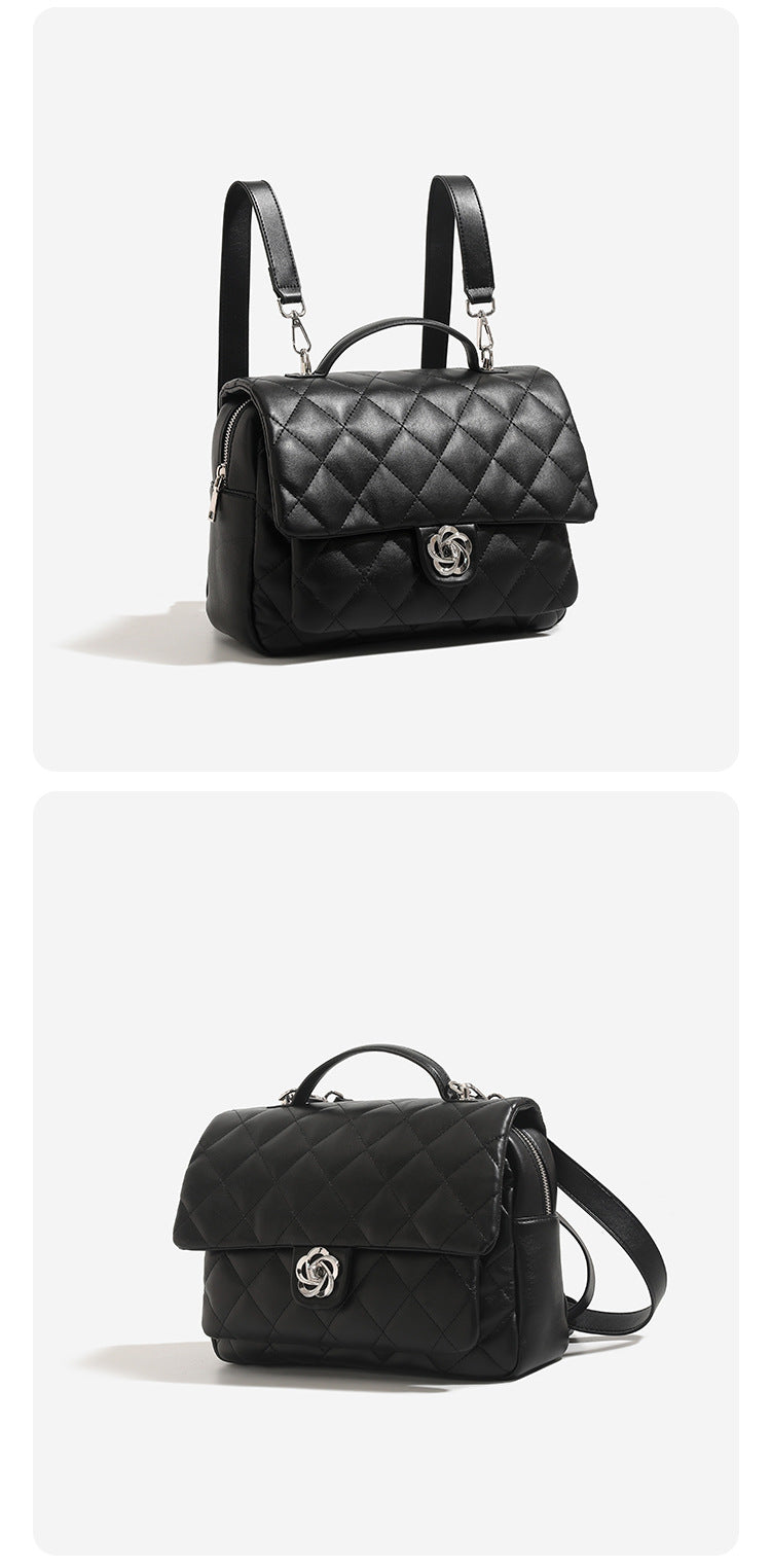 Diamond-quilted flap backpack handbag with silver-tone flower turn-lock, top handle, and dual shoulder straps, detail view 11