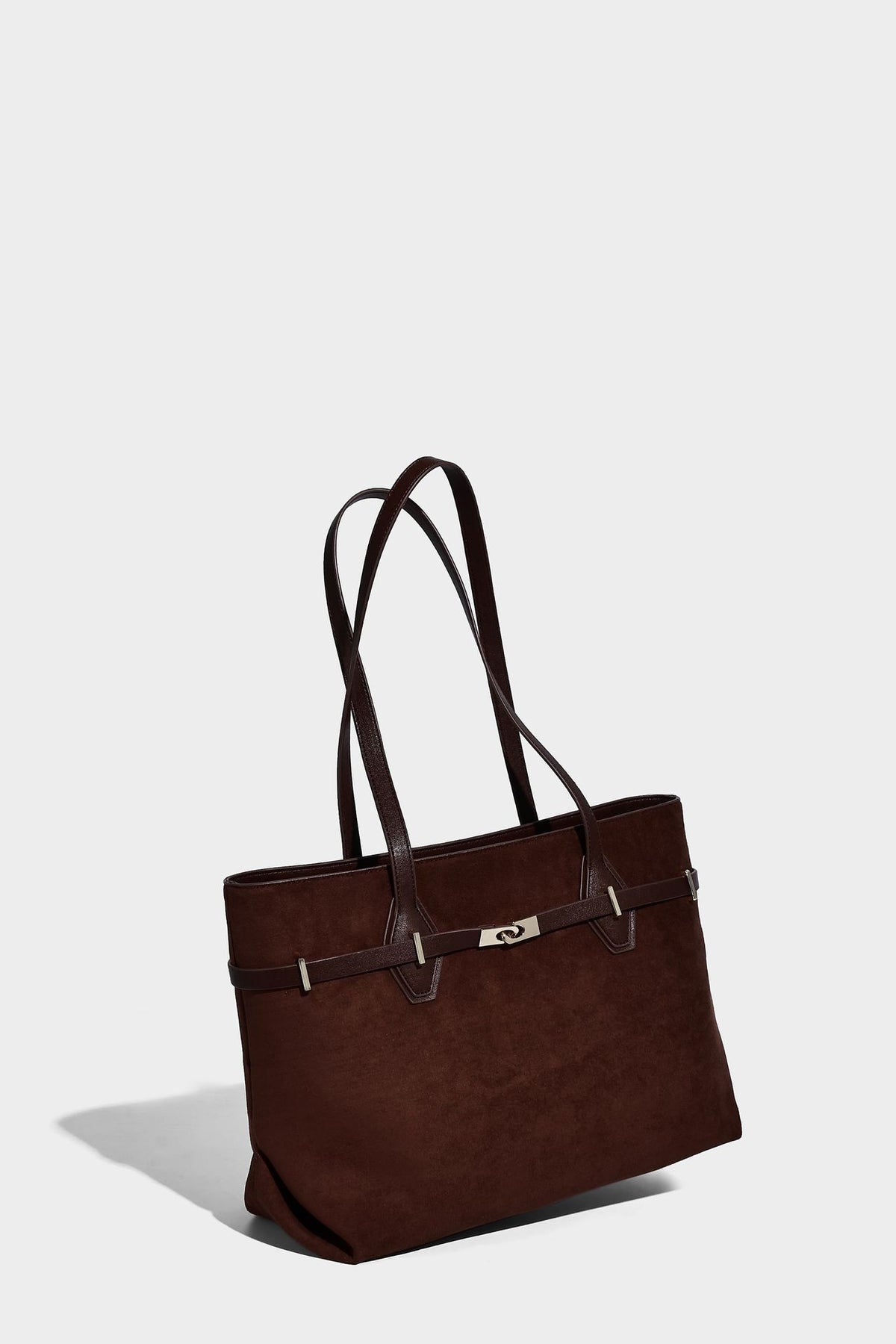 Structured suede-look shopper tote with wraparound belt strap and gold turn-lock clasp, long dark brown shoulder handles