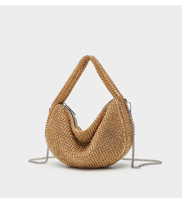 All-over crystal rhinestone hobo bag with silver chain strap and top handle, top zip closure, detail view 11