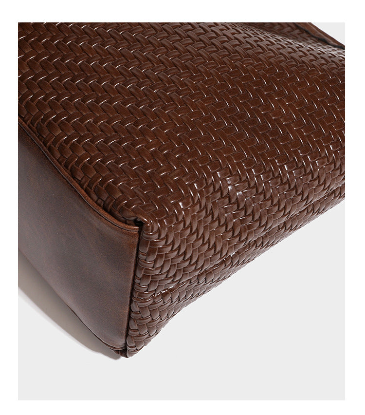 Slouchy woven leather-look hobo tote bag in brown with detachable zip pouch and gold-tone hardware, detail view 29