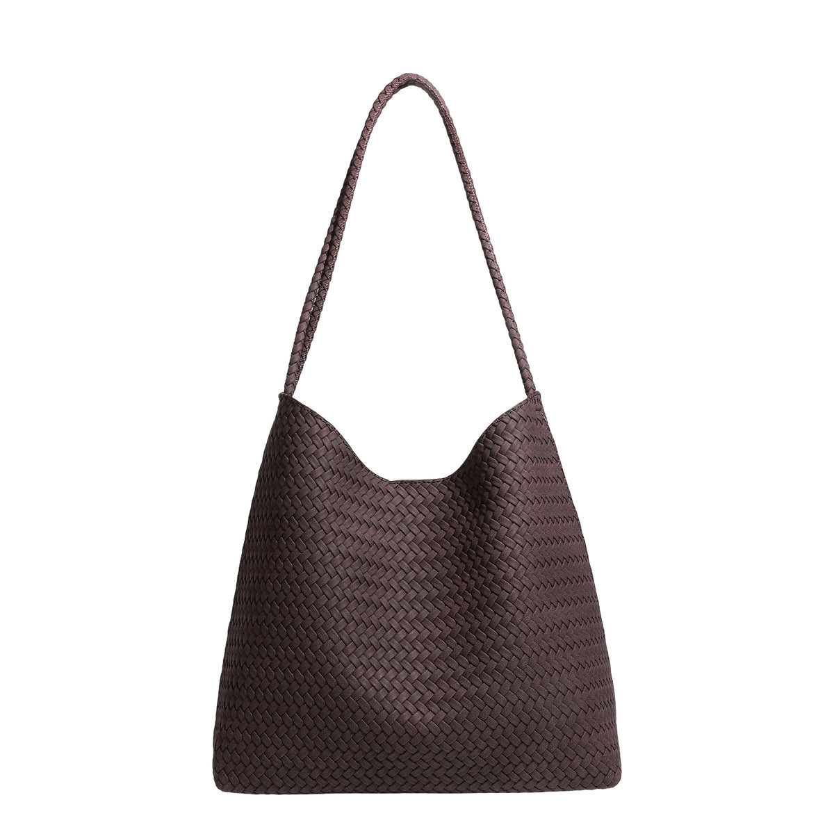 Large woven hobo shoulder bag with braided strap and matching zip pouch in dark brown, detail view 5