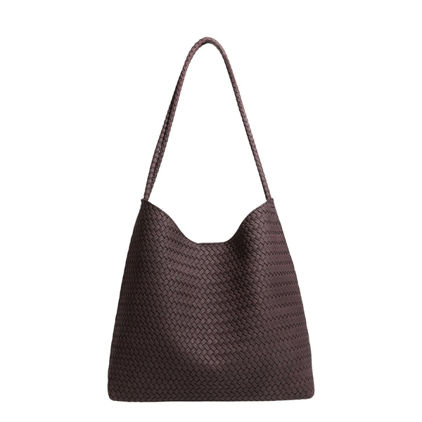 Large woven hobo shoulder bag with braided strap and matching zip pouch in dark brown, detail view 5