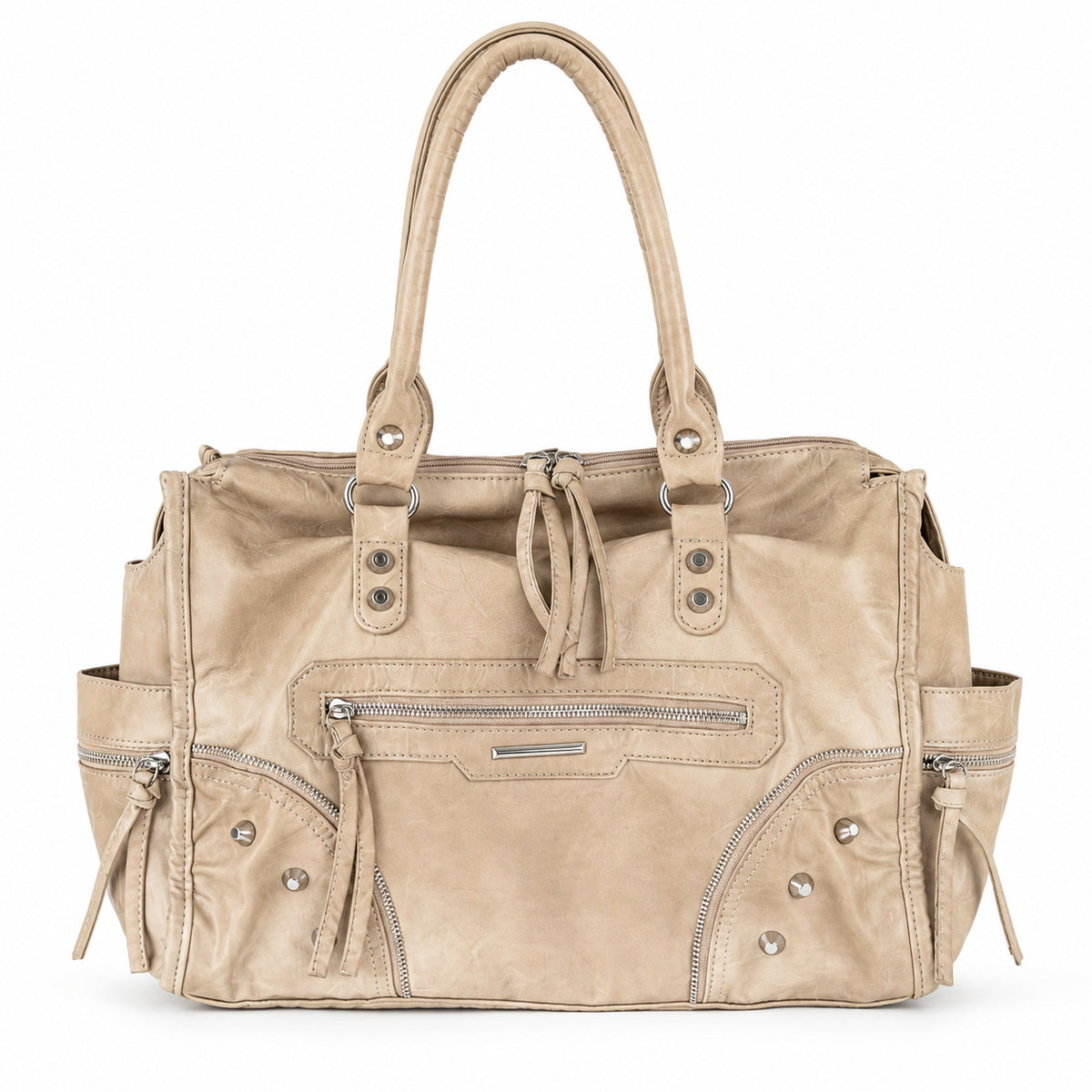 Large distressed leather-look moto tote bag with silver rivets, tassel zip pulls, front zip pocket, and dual top handles