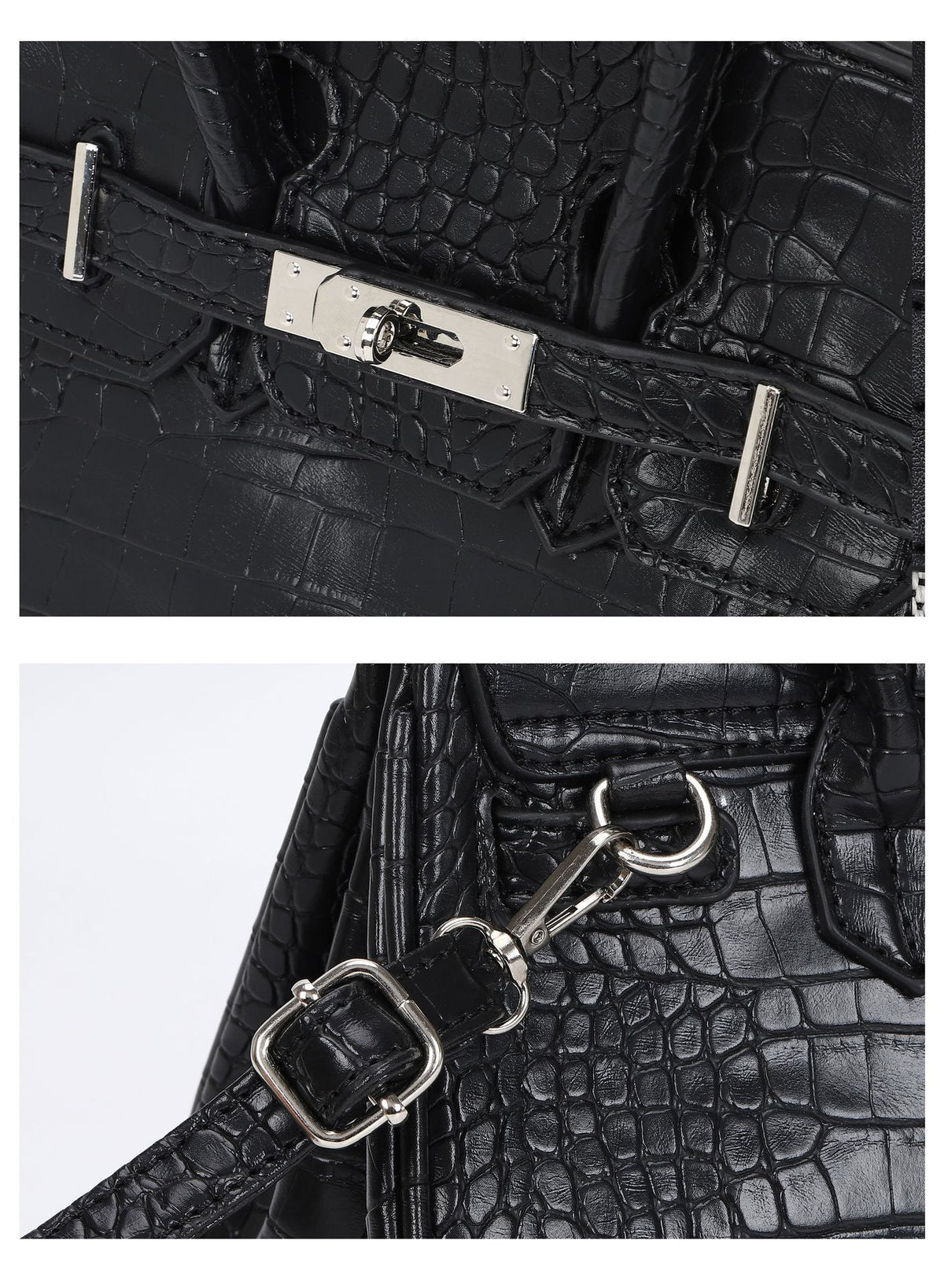Croc-embossed structured trapezoid satchel with silver turn-lock hardware, rounded top handles, and detachable shoulder