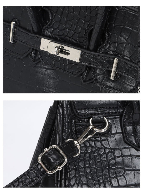 Croc-embossed structured trapezoid satchel with silver turn-lock hardware, rounded top handles, and detachable shoulder