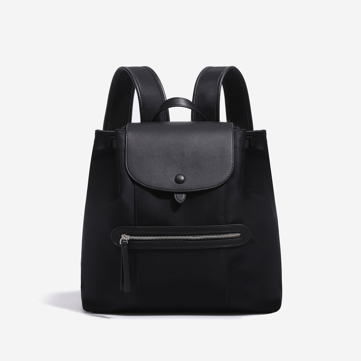 Large flap-top nylon backpack with leather-look trim, snap closure, front zip pocket, and padded shoulder straps, detail view