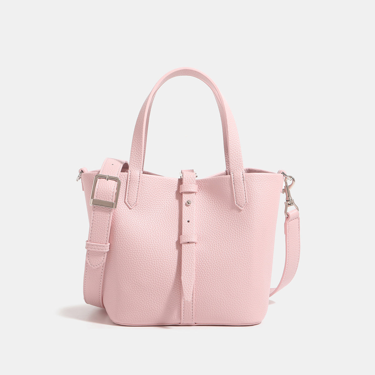 Small structured pebbled leather-look bucket tote bag with dual top handles and silver-tone hardware, detail view 8