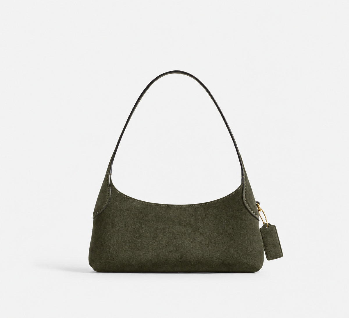 Slim crescent-silhouette shoulder bag in chocolate brown suede-look finish with contrast topstitching, top zip closure, thin