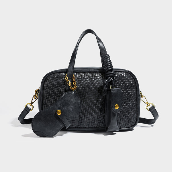 Strukturierte, rechteckige Satchel-Bag mit geflochtenem Frontpanel in Lederoptik, goldfarbenen Beschlägen, zwei Tragegriffen und abnehmbarem