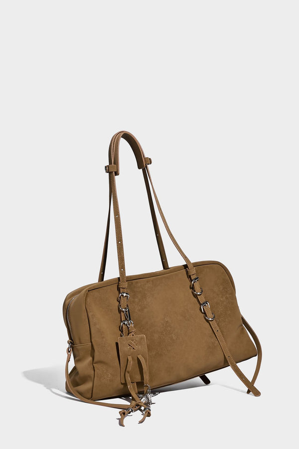 Structured rectangular matte suede-like shoulder bag with silver-tone hardware, zip closure, double top handles, and, detail