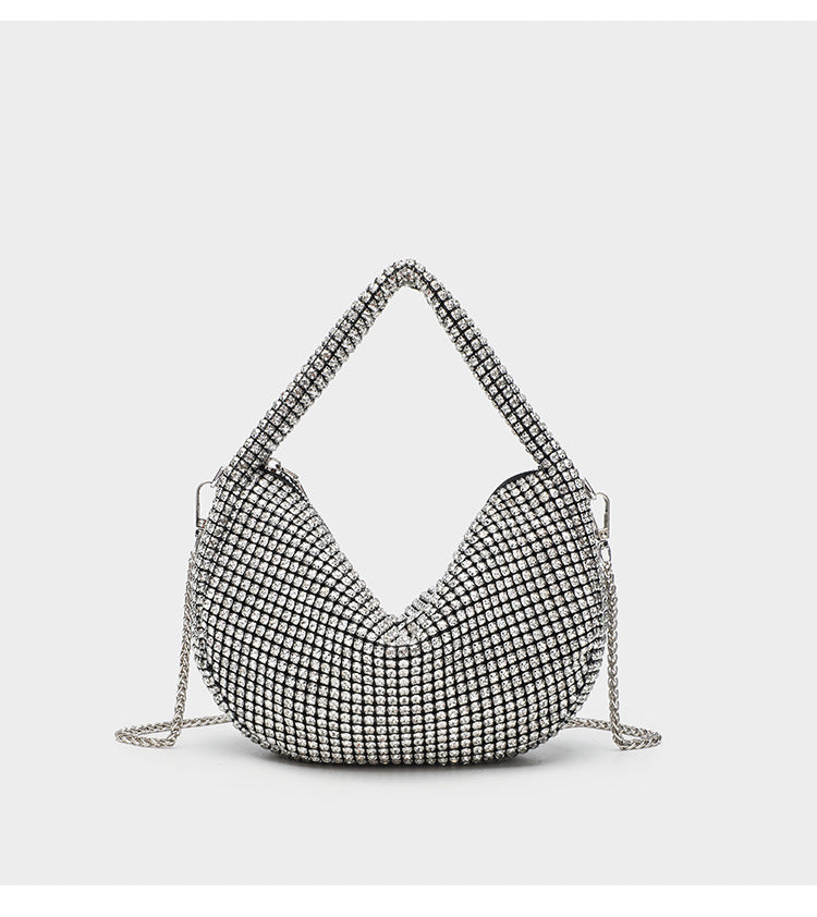 All-over crystal rhinestone hobo bag with silver chain strap and top handle, top zip closure, detail view 9