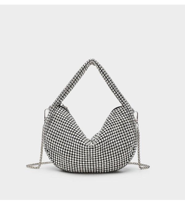 All-over crystal rhinestone hobo bag with silver chain strap and top handle, top zip closure, detail view 9
