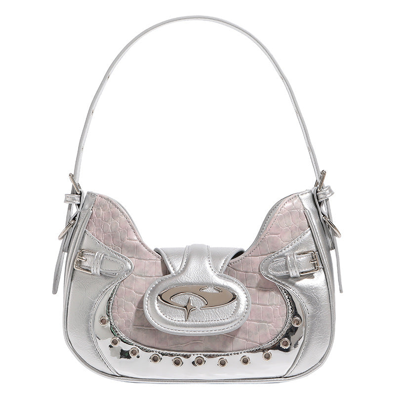 Croc-embossed leather-look shoulder bag with metallic stud trim and four-point star turn-lock hardware, detail view 5