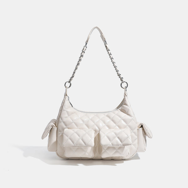 Off-white quilted leather-look hobo shoulder bag with diamond stitching, chain-and-strap handle, two front flap pockets