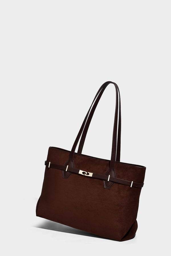 Structured suede-look shopper tote with wraparound belt strap and gold turn-lock clasp, long dark brown shoulder handles