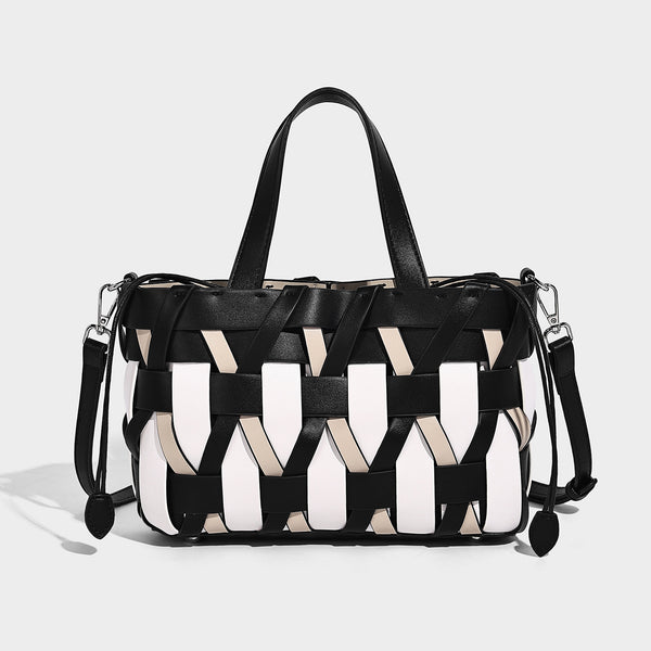 Small structured woven lattice tote bag with dual top handles and detachable shoulder strap in brown and cream leather-look