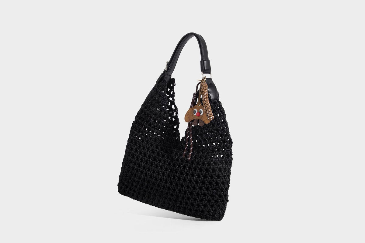 Slouchy open-knit crochet hobo tote bag with leather-look top handle and metal buckle hardware, detail view 31