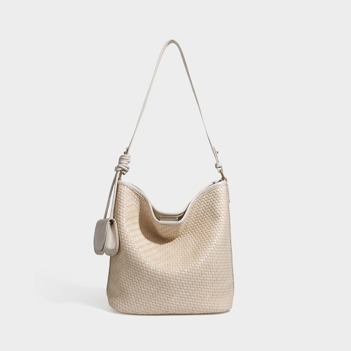 Woven-look slouchy hobo shoulder bag in brown with attached mini pouch and gold-tone hardware, detail view 3