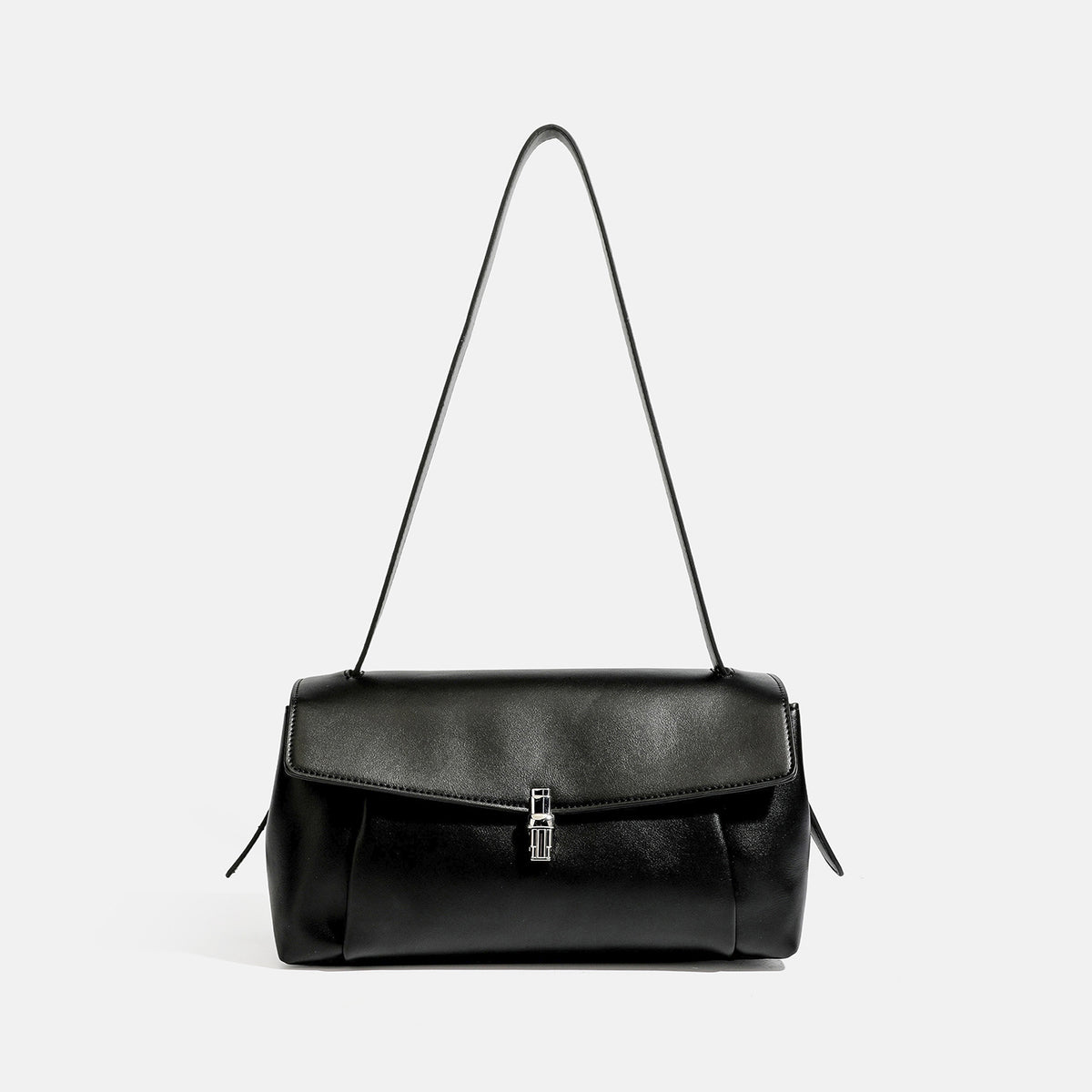 Structured rectangular flap shoulder bag with smooth leather-look finish, silver-tone turn-lock clasp, and long slim