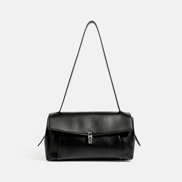Structured rectangular flap shoulder bag with smooth leather-look finish, silver-tone turn-lock clasp, and long slim