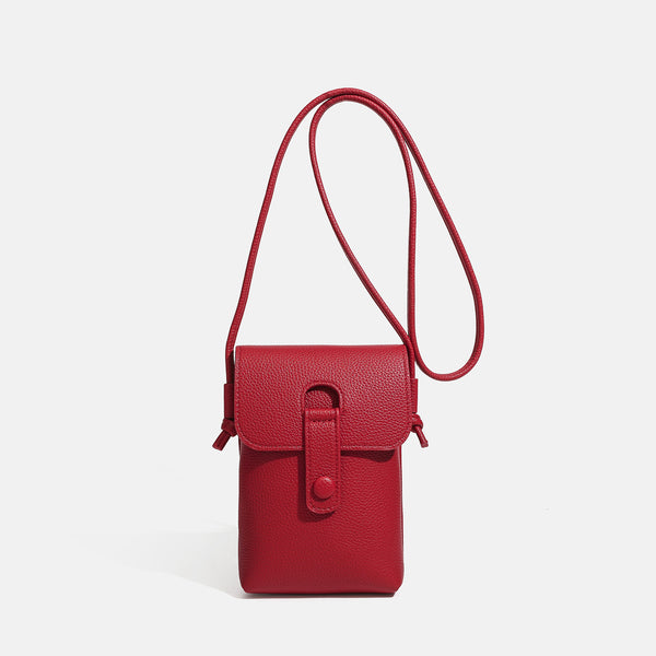 Kleine vertikale rechteckige Crossbody-Handytasche mit genarbter Lederoptik, abgerundetem Überschlag, Druckverschluss mit Lasche und
